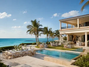 Beachfront villa wedding reception in Cancun with dining tables arranged around the pool