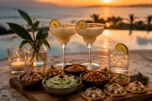 Welcome cocktails and Mexican small bites served at sunset for guests arriving in Cancun