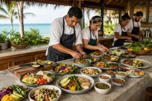 Wellness retreat guests enjoying breakfast after morning exercise at a private Riviera Maya property