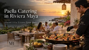 Paella catering in Riviera Maya at a sunset villa dinner overlooking the Caribbean Sea