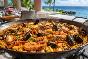 Large seafood paella with prawns and mussels cooking at a private Riviera Maya villa
