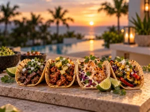 Assorted taco options including beef, chicken, shrimp and vegetarian tacos served at a private villa