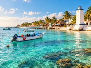 Travellers walking through Playa del Carmen toward the beach on the first day of their Riviera Maya trip
