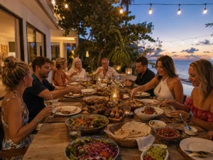 BBQ catering Playa del Carmen for a group enjoying a relaxed family-style dinner at a private villa