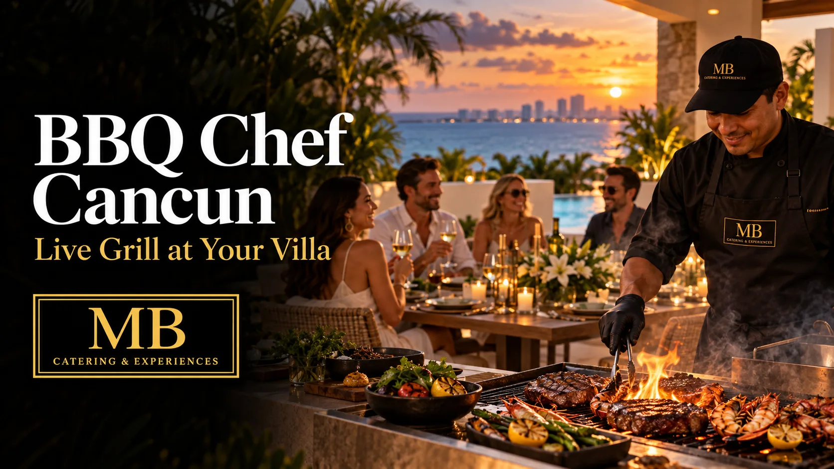 BBQ Chef Cancun preparing a live-grill dinner at a private villa with ocean views