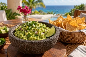 Fresh guacamole with corn chips served beside the beach for a private villa dinner