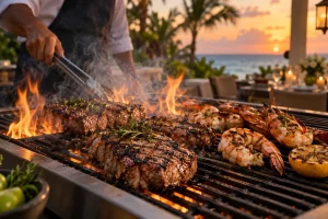 Live grill birthday dinner in Cancun with steaks and shrimp cooked at a private villa at sunset