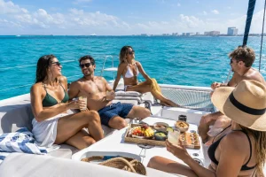 Friends enjoying a catamaran day from Cancun with drinks, snacks and turquoise Caribbean water