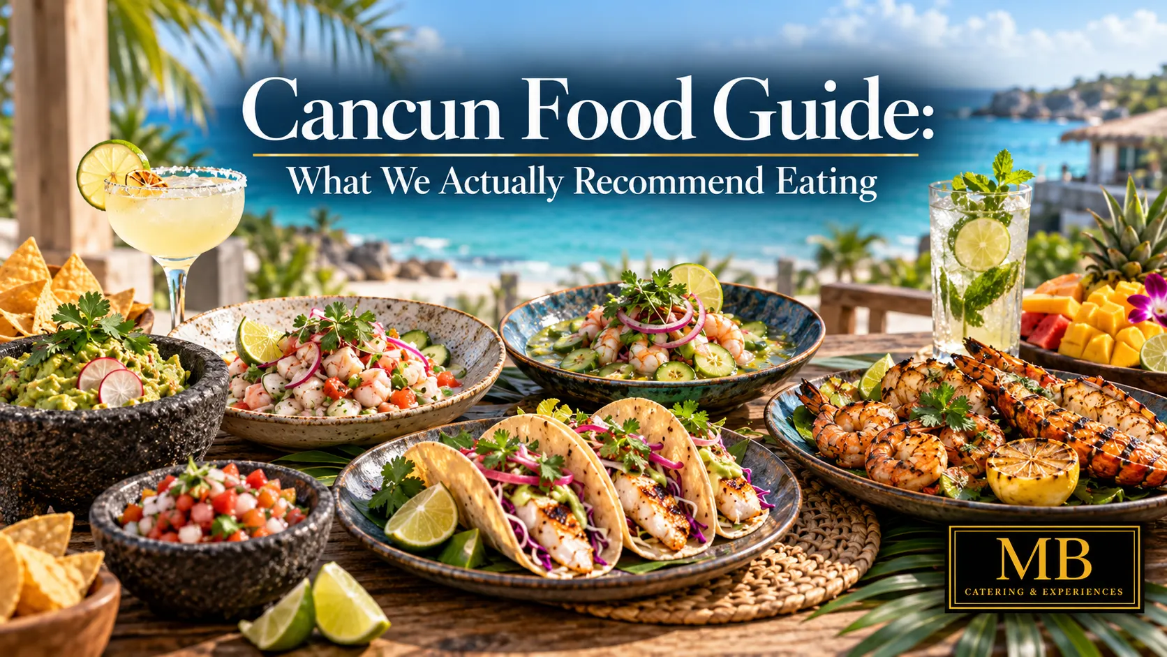 Cancun Food Guide featuring tacos, ceviche, guacamole, grilled shrimp, tropical fruit and Mexican drinks by the Caribbean Sea