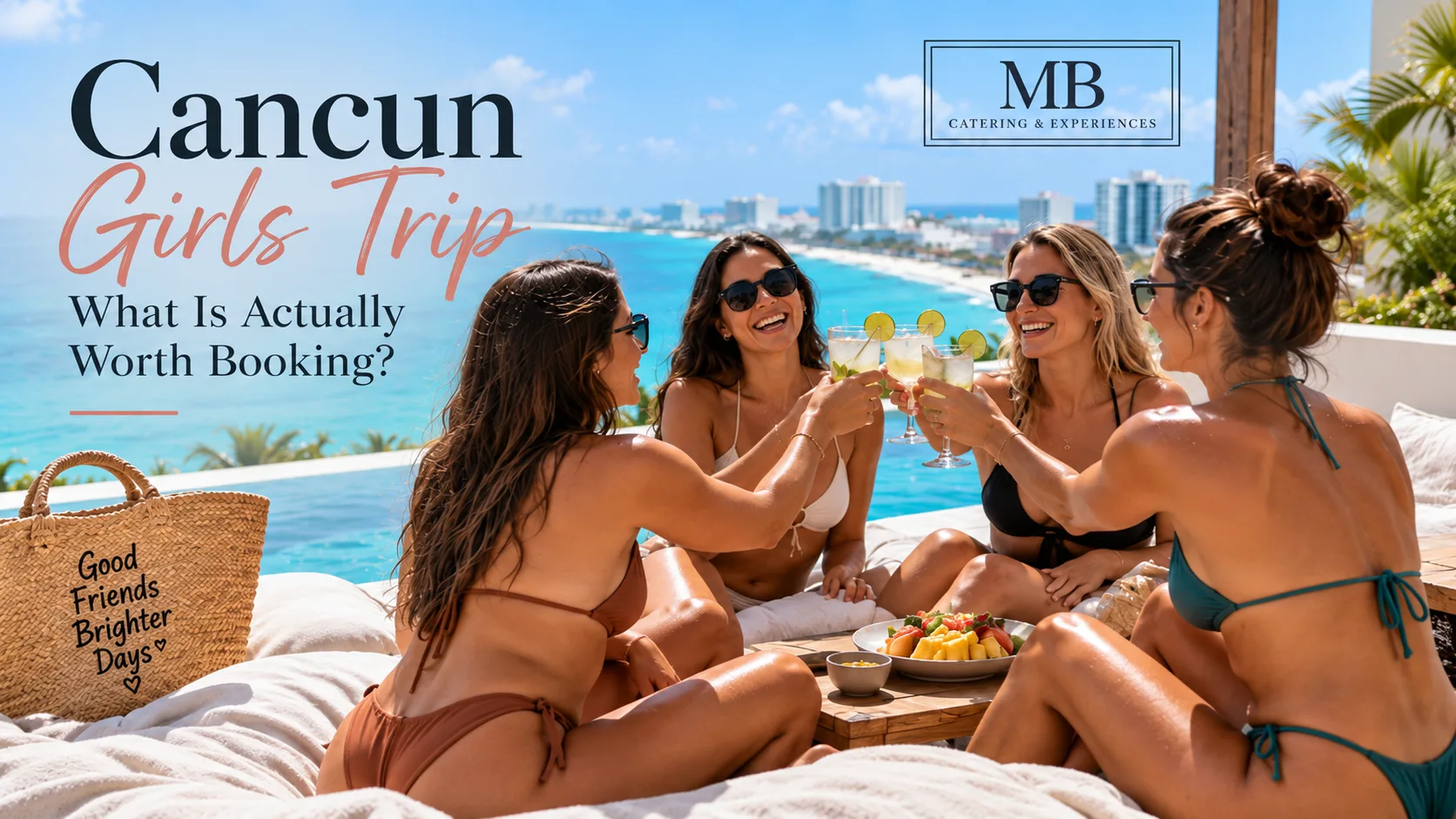 Cancun Girls Trip with friends enjoying drinks by a private pool overlooking the Caribbean
