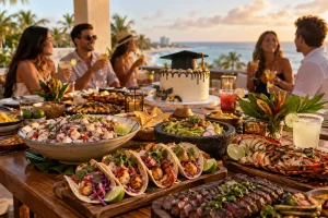Graduation party food in Cancún with ceviche, seafood tacos, guacamole and grilled dishes