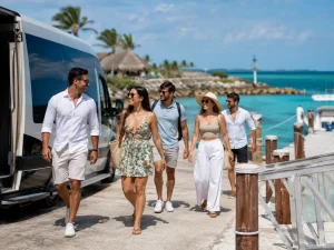 Cancun group transportation for guests arriving by private van at a marina before a boat or yacht day