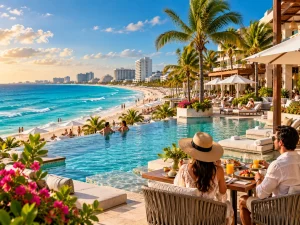 Luxury Cancun resort with beachfront pool, breakfast by the water and guests relaxing by the coast