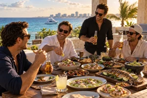 Friends sharing ceviche, grilled fish, shrimp and Mexican seafood in Cancun