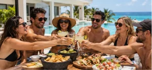 Cancun trip with friends enjoying drinks, tacos and a relaxed pool day at a private villa
