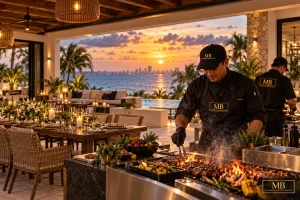Private chef setting up a live-grill service at a Cancún villa for a relaxed group dinner