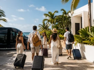 Villa guests arriving with luggage using private group transportation in Cancun