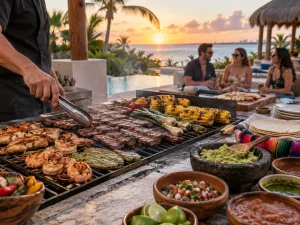 Villa live grill in Cancun with steak, shrimp, fish, corn, tortillas and fresh salsas prepared at sunset