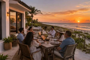 Long banquet dinner table at a Cancun villa wedding with ocean views