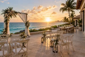 Beachfront reception setup at a Cancun villa wedding with tables prepared for guests