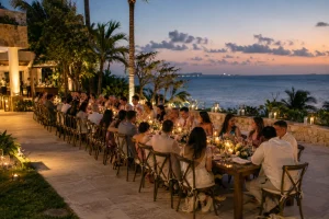 Welcome dinner gathering at a Cancun villa before the wedding celebration