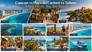 Cancun vs Playa del Carmen vs Tulum comparison image showing key travel styles, locations and destination differences