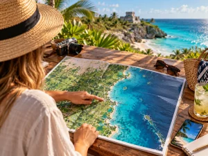 Cancun vs Playa del Carmen vs Tulum trip planning with a coastal map and Riviera Maya travel setup