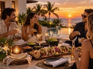 Guests enjoying a relaxed taco dinner with margaritas by the pool at sunset in Cancun