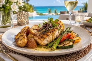 Catered main course served with roasted potatoes and vegetables