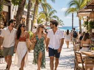 Friends walking through central Playa del Carmen near the beach, restaurants and cafés for a birthday celebration
