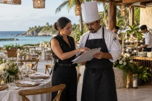Chef and event coordinator reviewing the dinner service plan before a seaside wedding reception