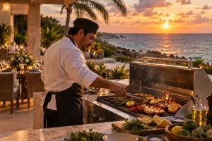 Chef preparing food on an outdoor grill at a villa