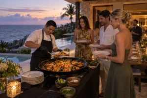 Chef serving freshly prepared seafood paella to guests during a private villa dinner