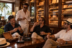 Friends relaxing with cigars and drinks inside a specialist cigar lounge in Cancun