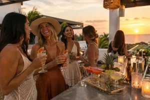 Cocktail gathering at golden hour with drinks and conversation by the coast