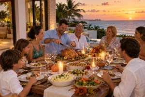 Family-style Thanksgiving feast served on a coastal terrace at sunset