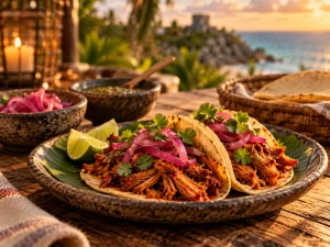 Cochinita pibil tacos with achiote pork, cilantro and pickled red onion in Tulum