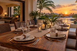 Dining table set for a group meal inside a condo