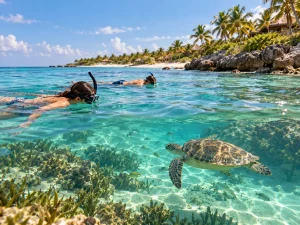 Snorkelling in clear Caribbean water near Akumal with marine life and coral reef scenery