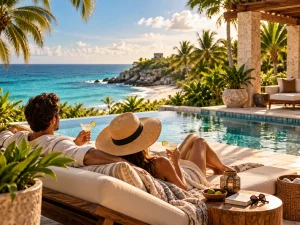 Relaxed final day by a private villa pool overlooking the Riviera Maya coast