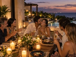 Engagement dinner at a Cancun villa with friends and family celebrating after a private proposal