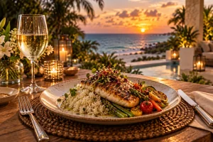 Fish served with rice and vegetables for a private dinner