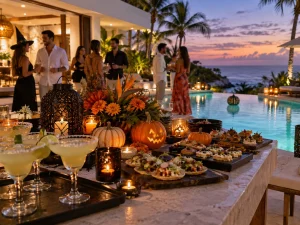 Halloween cocktails and party food prepared beside the pool at a private villa