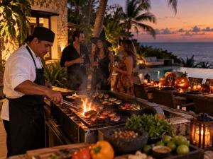 Private chef grilling dinner for a Halloween villa party in Riviera Maya