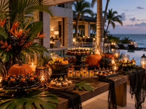 Halloween dinner table set with pumpkins, candles and tropical decorations at a Riviera Maya villa