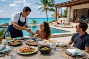 Villa breakfast in Isla Mujeres with fresh fruit, eggs, pastries, coffee and juices for guests