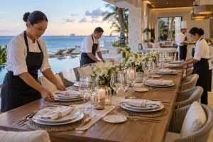 Catering team arranging plates for a private group dinner