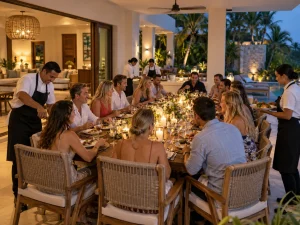 Large group enjoying a catered birthday dinner with servers at a luxury Playa del Carmen villa