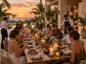 Large group enjoying a catered family-style dinner with servers at a private Tulum villa