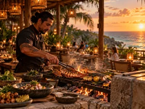 Chef grilling seafood over an open flame at a sunset restaurant in Tulum